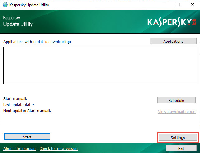 Prosseguir para as configurações no Kaspersky Update Utility 4.