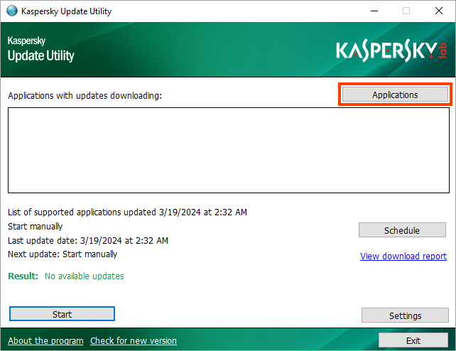 Prosseguir para as configurações da lista de aplicativos no Kaspersky Update Utility 4.