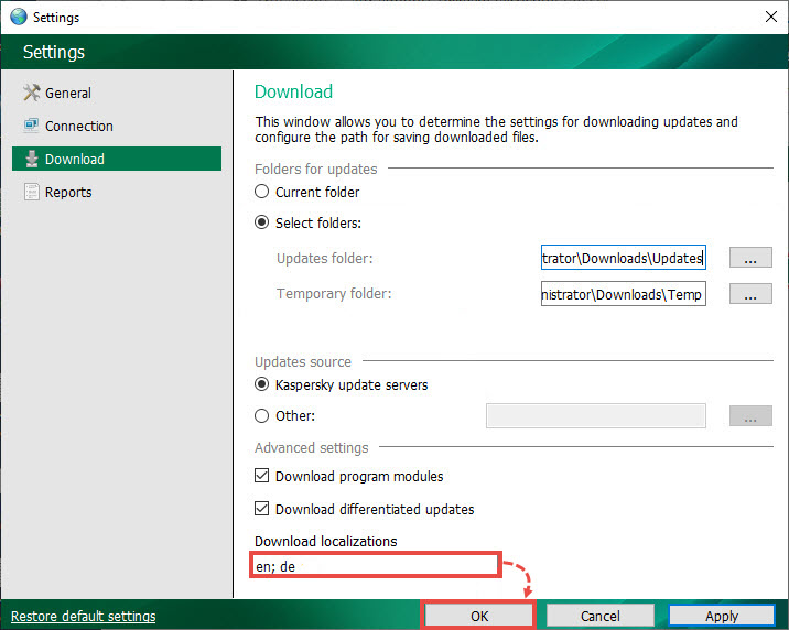 Selecionar idiomas para atualizações no Kaspersky Update Utility 4.