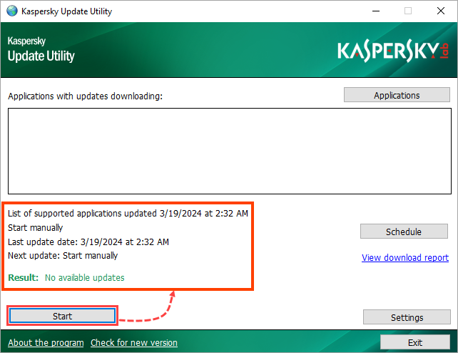 A janela do Kaspersky Update Utility 4 após o início e a atualização.