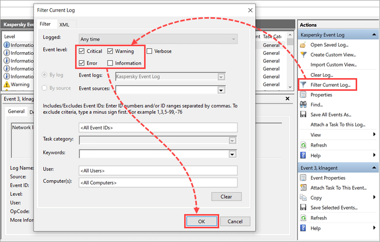 Configuração dos filtros no Log de Eventos Kaspersky