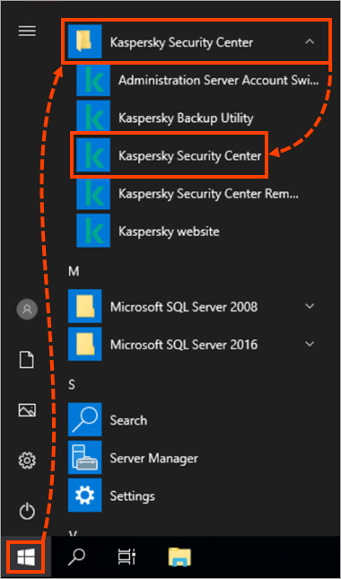 Abertura do Console de Administração do Kaspersky Security Center por meio do menu Iniciar.