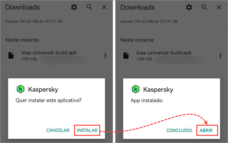 Instalação do arquivo .apk do Kaspersky for Android.