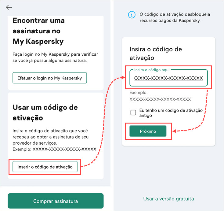 Restauração da assinatura com um código de ativação.