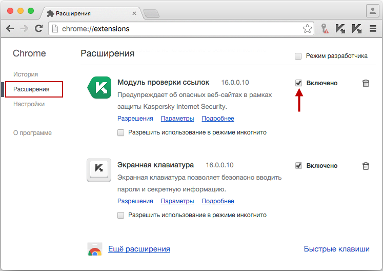Для использования Безопасных платежей Kaspersky Internet Security 16 для Mac включите Модуль проверки ссылок в веб-браузере Google Chrome.