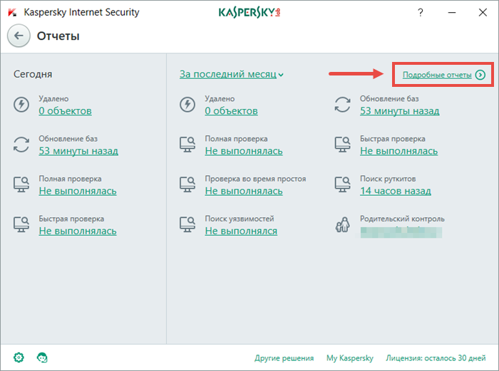 Картинка: окно Отчеты в Kaspersky Internet Security 