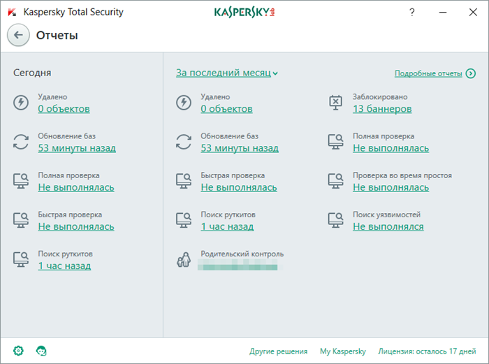 Картинка: окно отчеты в Kaspersky Total Security