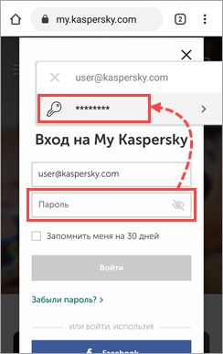 Выбор пароля от учетной записи из хранилища Kaspersky Password Manager