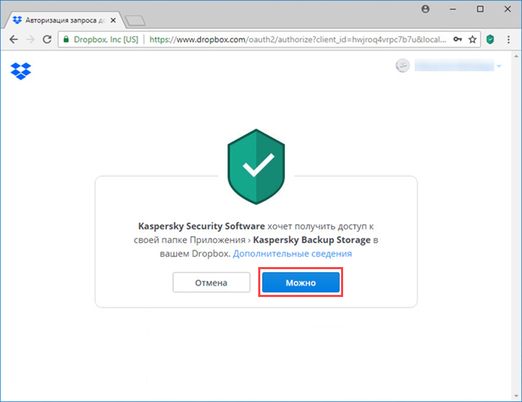 Разрешение доступа Kaspersky Security Software к Dropbox