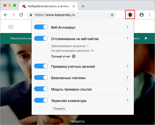 Возможности расширения для браузеров Kaspersky Security 19
