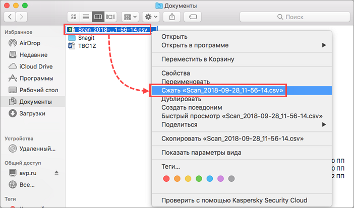 Сжатие отчета о проверке Kaspersky Security Cloud 19 для Mac