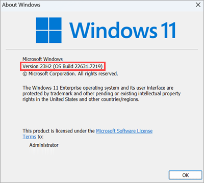 Окно с информацией о версии Windows Окно с информацией о версии Windows.