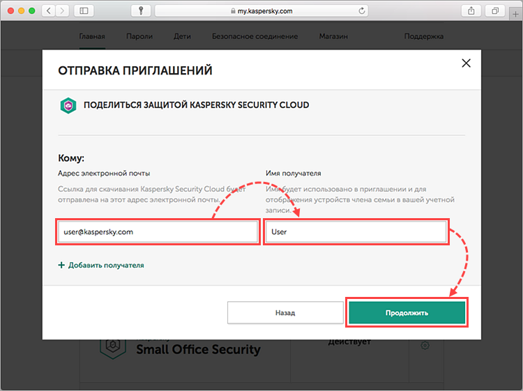Ввод адреса электронной почты и имени получателя для отправки подписки на Kasprersky Security Cloud 20