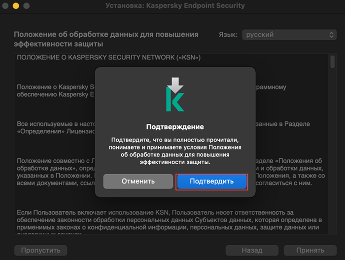 Подтверждение принятия условий положения об использовании Kaspersky Security Network
