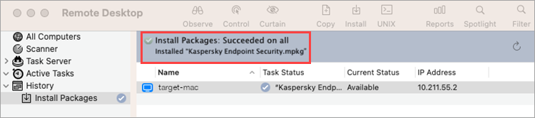Результат выполнения задачи установки Kaspersky Endpoint Security 11 для Mac в Apple Remote Desktop