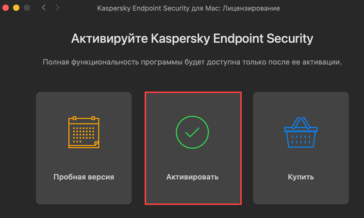 Выбор способа активации Kaspersky Endpoint Security 11 для Mac