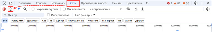 Очистка сетевого журнала в панели разработчика Google Chrome и Яндекс Браузера.