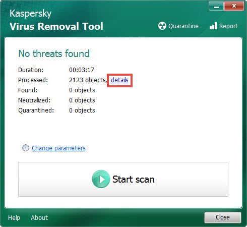 Переход к подробным результатам проверки в Kaspersky Virus Removal Tool