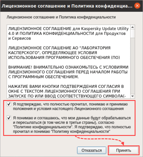 Принятие Лицензионного соглашения и Политики конфиденциальности в Kaspersky Update Utility