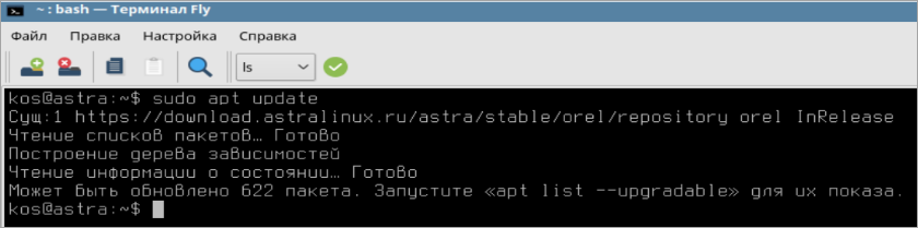 Обновление информации о пакетах в Astra Linux через терминал.