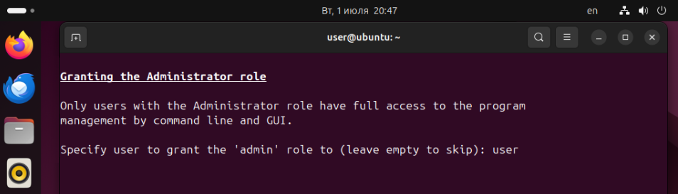 Назначение пользователю user роли администратора.