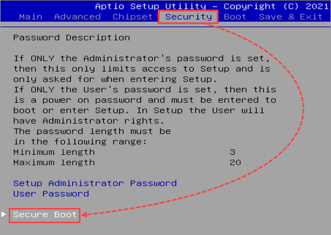 Переход в раздел Secure Boot Переход в раздел Secure Boot.