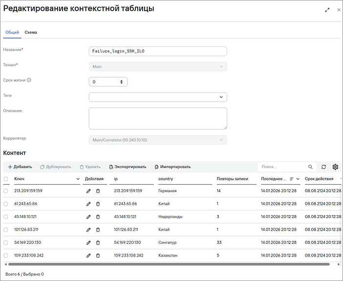 Редактирование контекстной таблицы в KUMA.