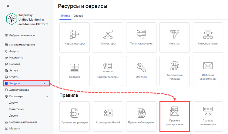 Переход в раздел Правила реагирования в KUMA.