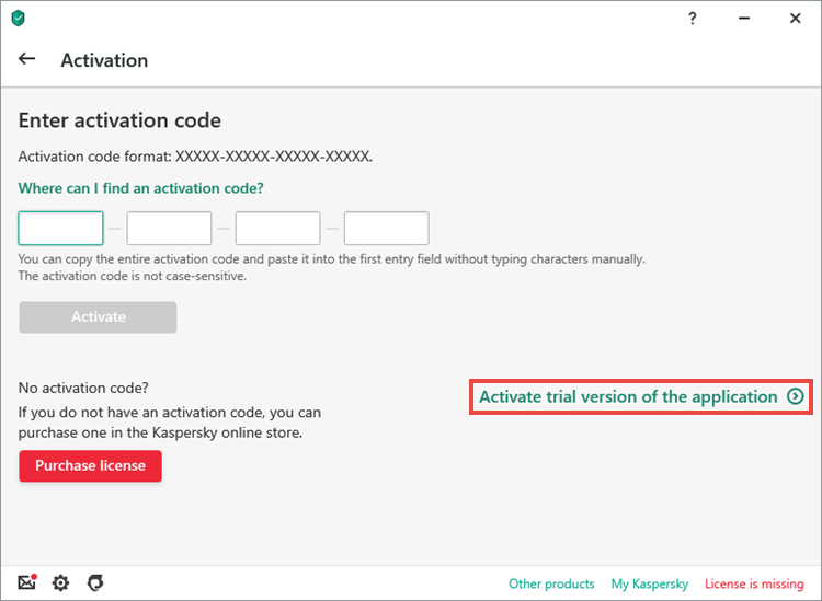 Kaspersky uygulamasının lisanslama penceresi