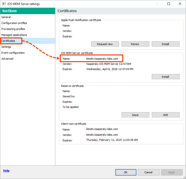 Kaspersky Security Center iOS MDM Sunucusu ayarları