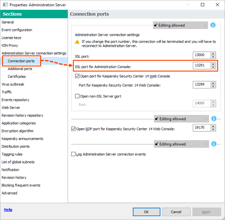 Kaspersky Security Center Yönetim Konsolu için SSL bağlantı noktası.