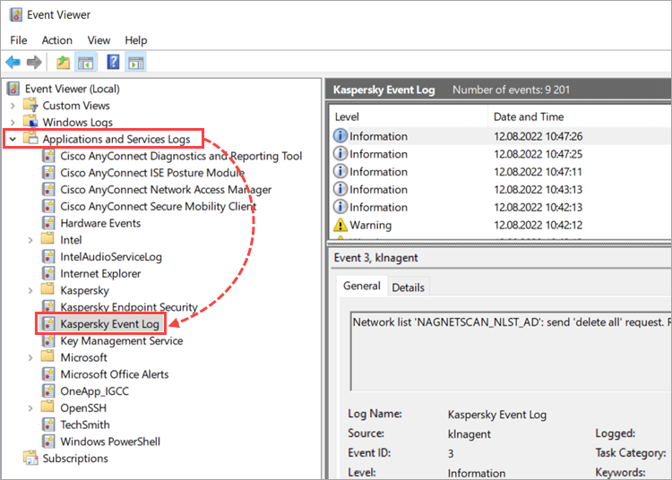 在事件查看器中打开Kaspersky Event Log