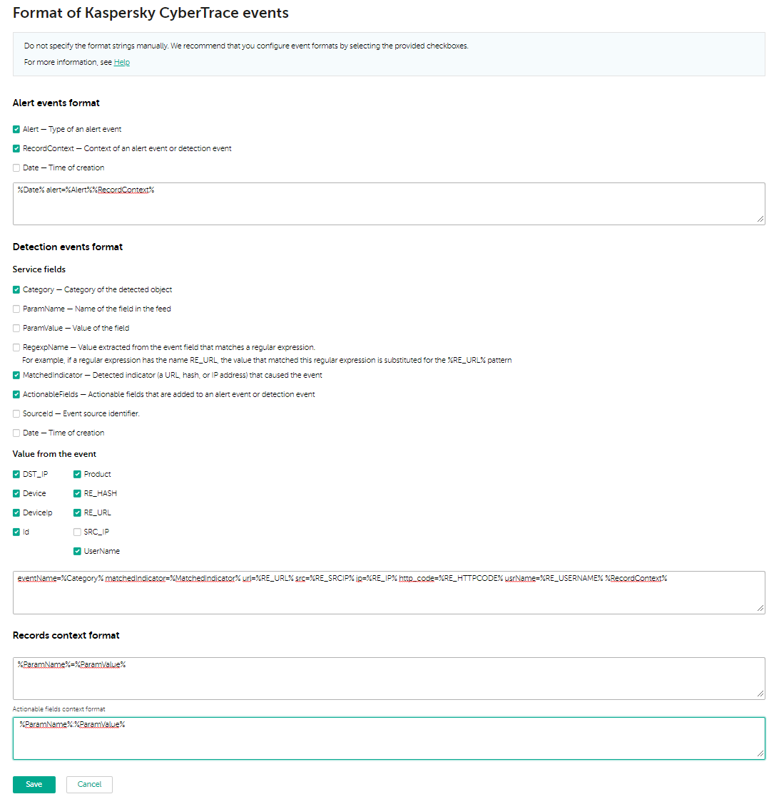 Окно Format of Kaspersky CyberTrace events.