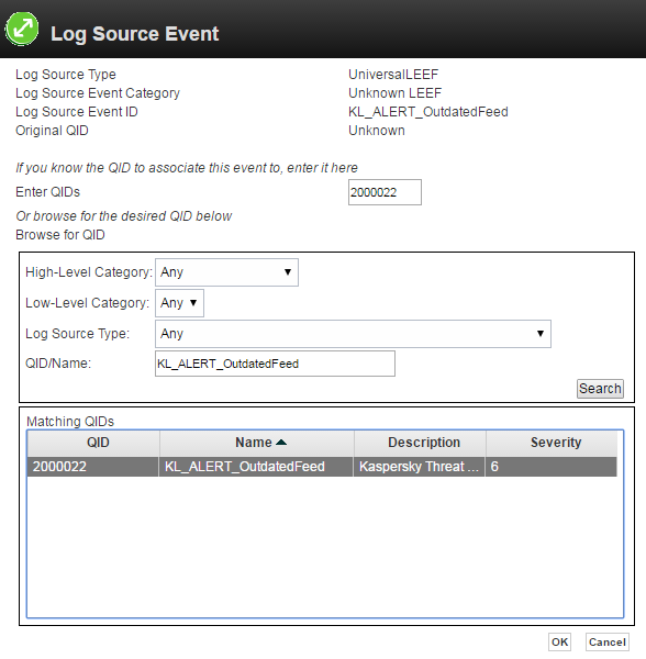 Log Source Event window in QRadar.