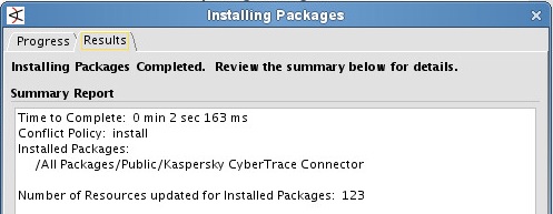 Installing Packages Completed window in ArcSight.