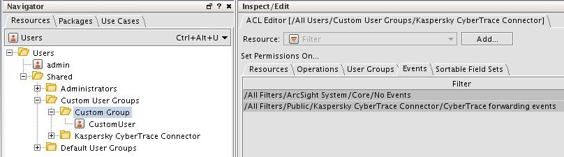 Selecting the event filters in ArcSight.