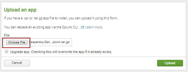 Upload an app window in Splunk. Choose File button.