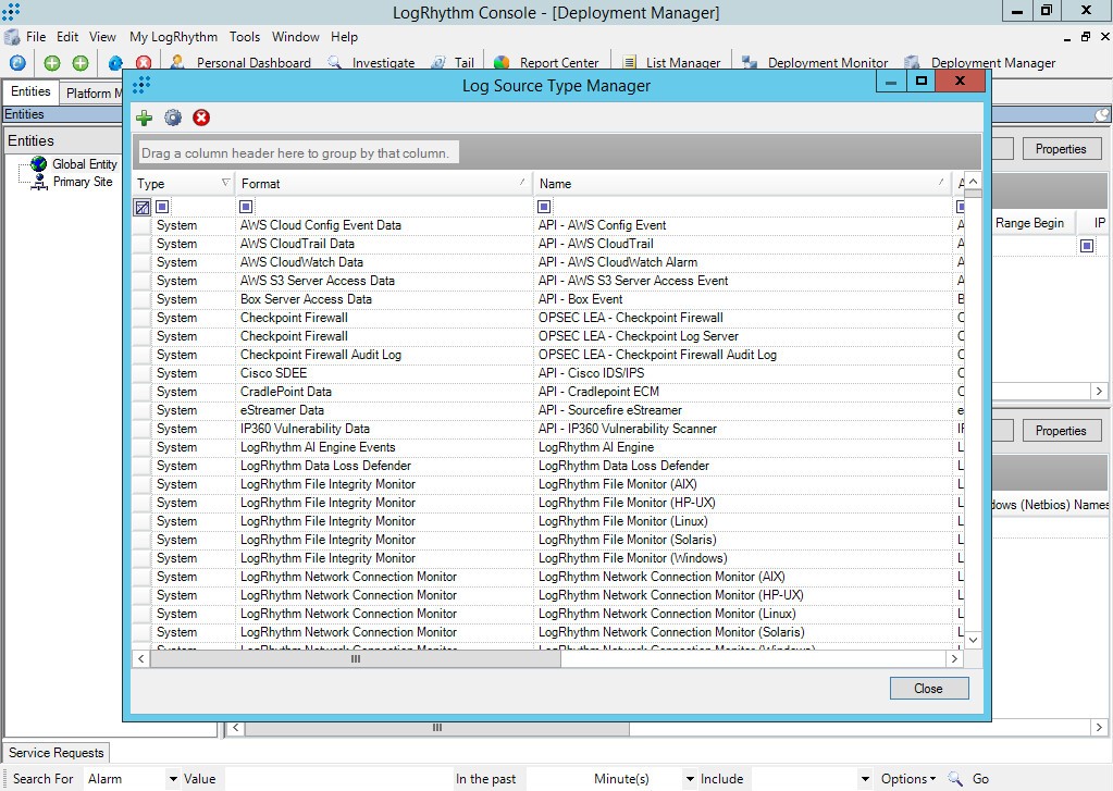 Log Source Type Manager window in LogRhythm.