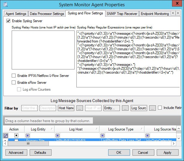System Monitor Agent Properties window in LogRhythm.