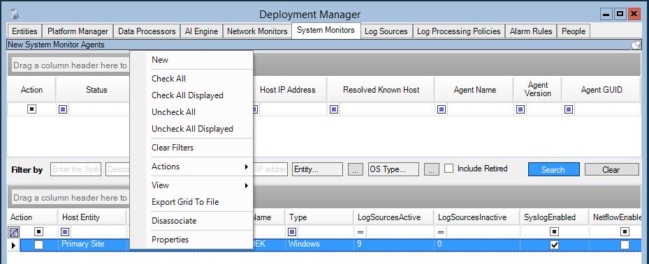 Deployment Manager window in LogRhythm. Shortcut menu.