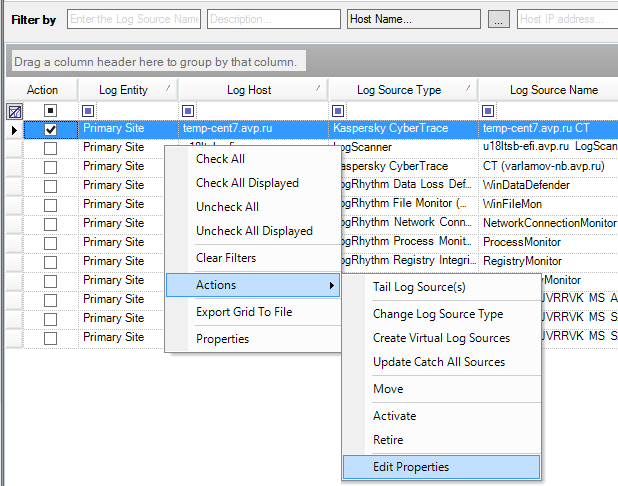 Edit Properties shortcut menu in LogRhythm.