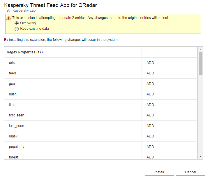 Kaspersky CyberTrace App for QRadar installation. Custom event properties to be added.