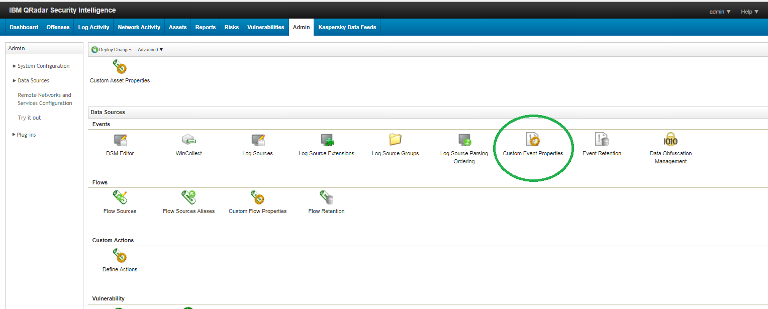 Admin tab in QRadar. Custom Event Properties icon.