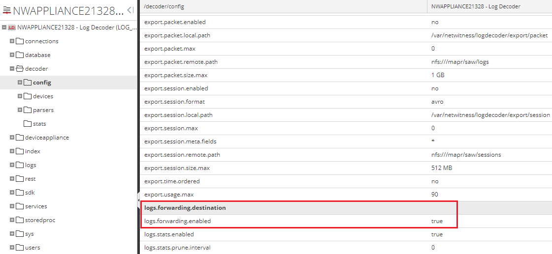 Log events forwarding settings in RSA NetWitness.