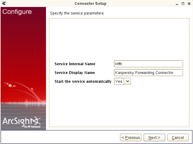 Specifying the service parameters window in ArcSight.