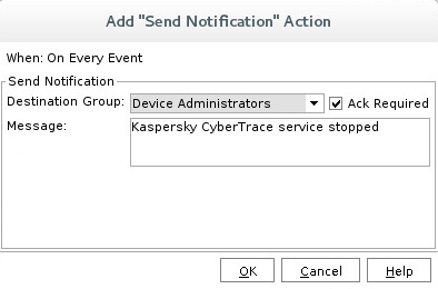 ArcSight の［Add "Send Notification" Action］ウィンドウ。