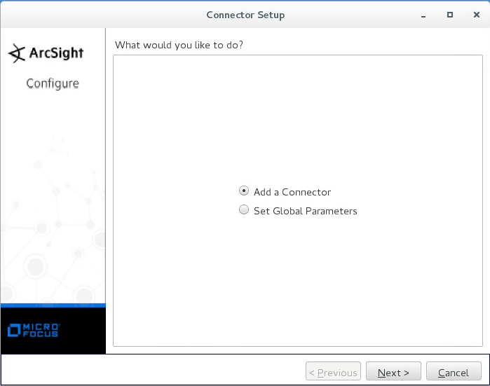 ArcSight で［Add a Connector］を選択しています。