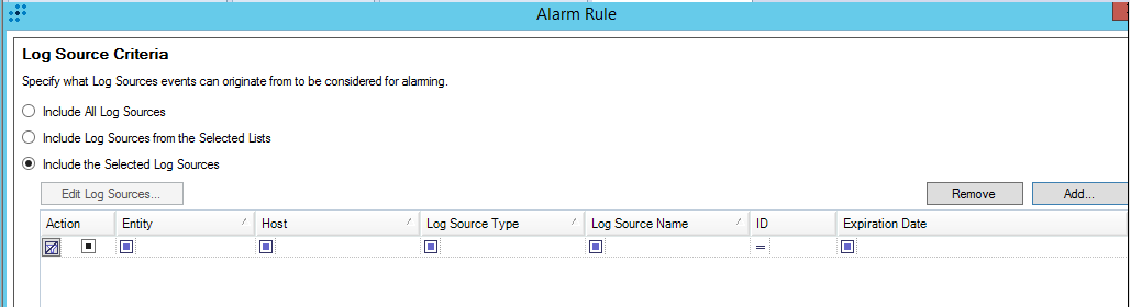 LogRhythm の［Alarm Rule］ウィンドウ→［Log Source Criteria］。