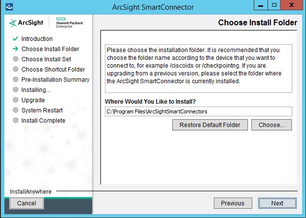 ArcSight の［Choose Install Folder］ウィンドウ。