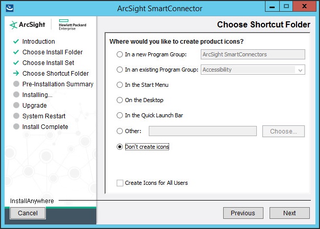ArcSight の［Choose Shortcut Folder］ウィンドウ。